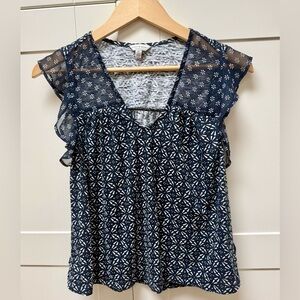 Lucky Brand Navy Blue & White Summer Top Women's Size S Flutter Sleeve V Neck